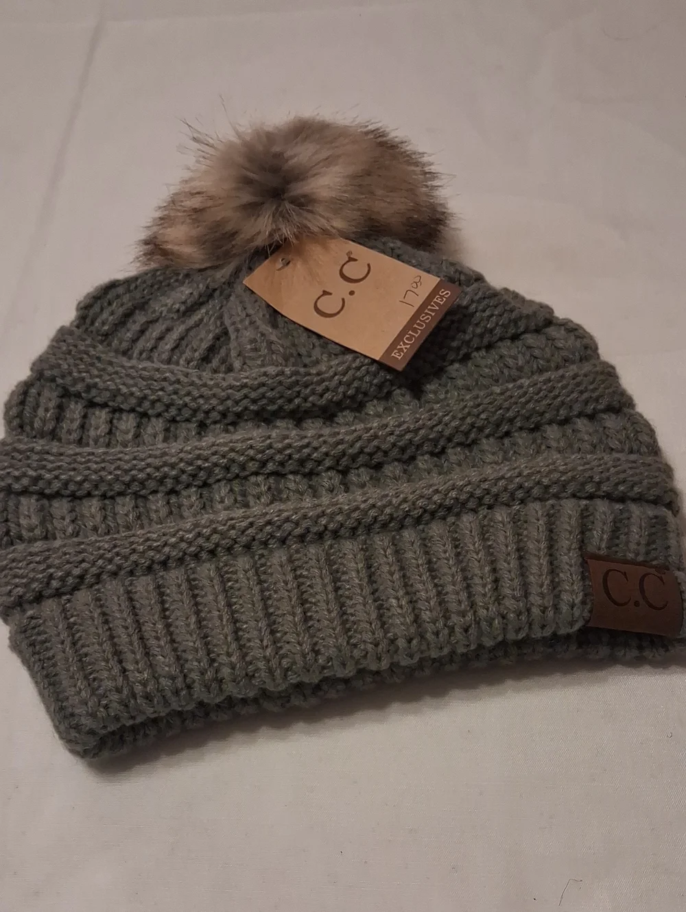 C.C Kids Gray Knit Beanie with Faux Fur Pom